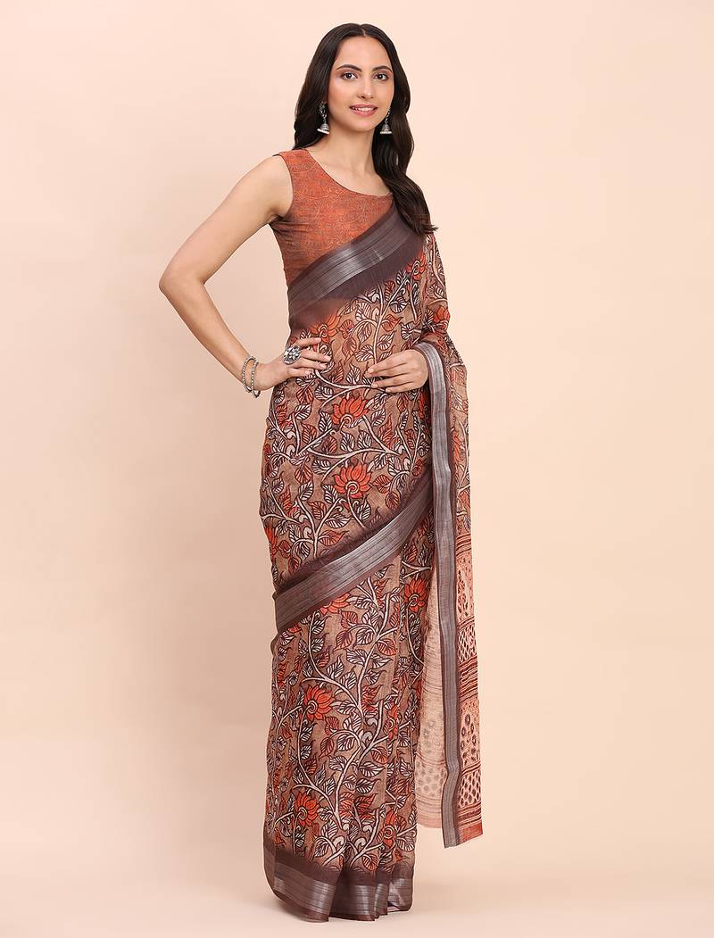 brown color digital print & zari border linen cotton saree
