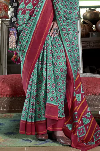 teal soft silk blend ikkat printed patola saree
