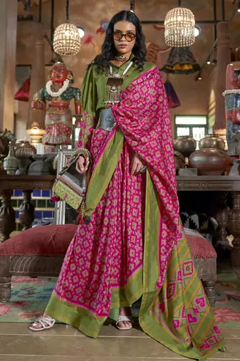 pink soft silk blend ikkat printed patola saree