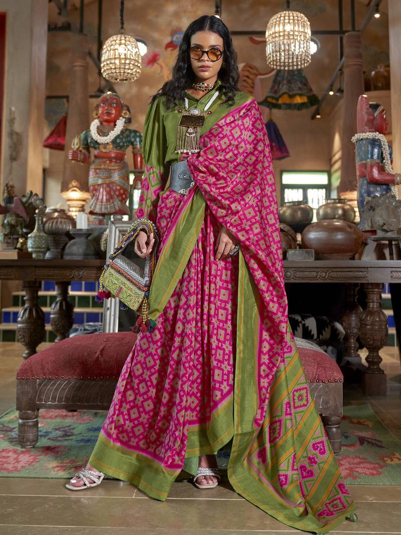 pink soft silk blend ikkat printed patola saree