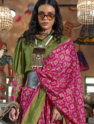 pink soft silk blend ikkat printed patola saree 3