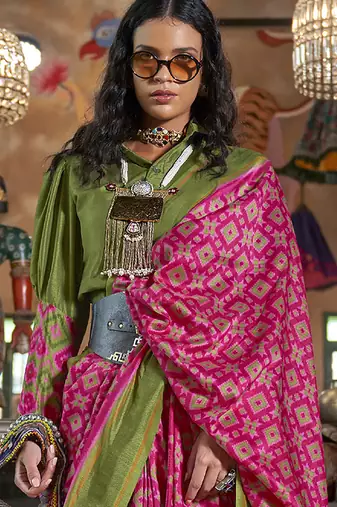 pink soft silk blend ikkat printed patola saree