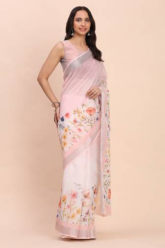 light pink color digital print & zari border linen cotton saree