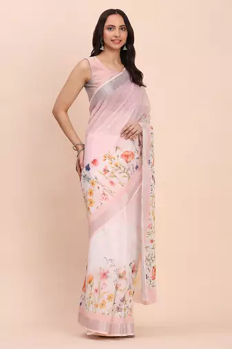 light pink color digital print & zari border linen cotton saree