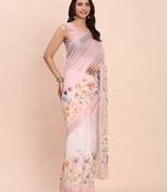 light pink color digital print & zari border linen cotton saree