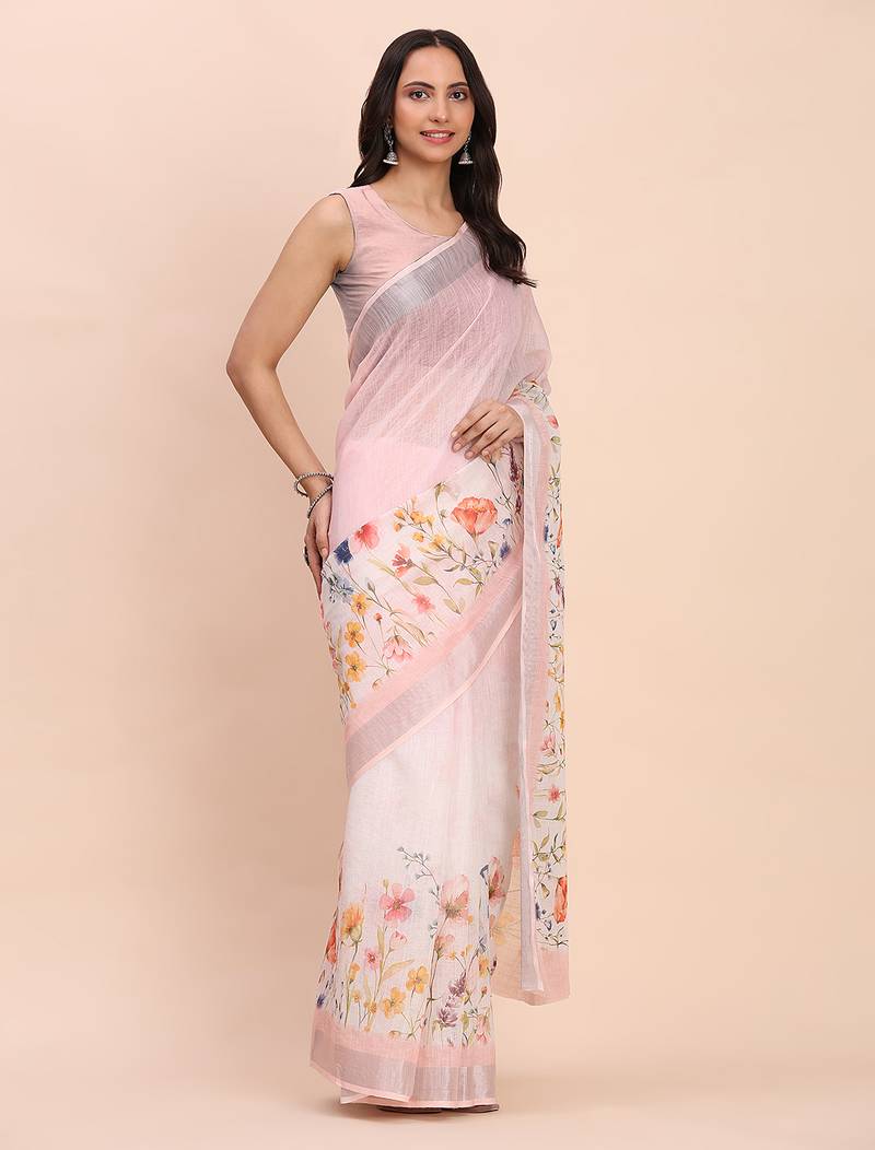 light pink color digital print & zari border linen cotton saree