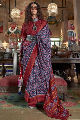 blue soft silk blend ikkat printed patola saree