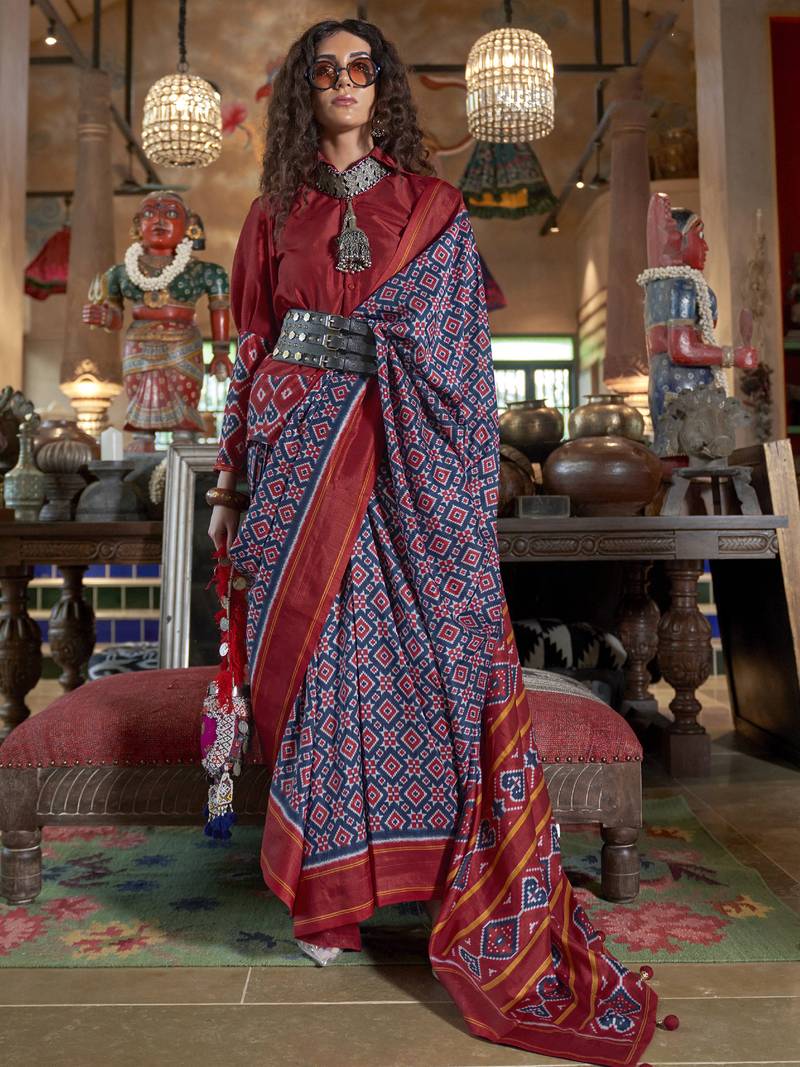 blue soft silk blend ikkat printed patola saree