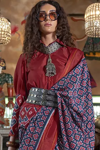 blue soft silk blend ikkat printed patola saree
