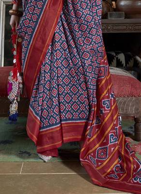 blue soft silk blend ikkat printed patola saree 4