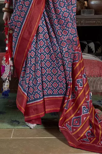 blue soft silk blend ikkat printed patola saree