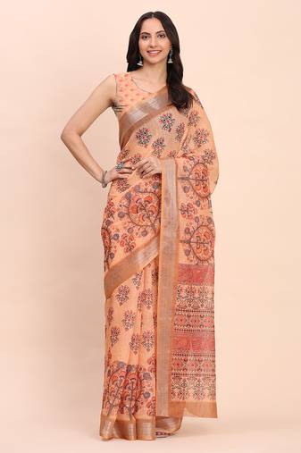 orange color digital print & zari border linen cotton saree