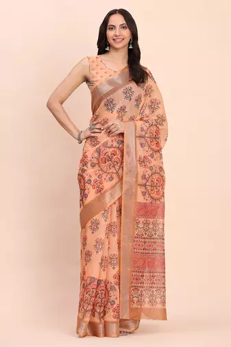orange color digital print & zari border linen cotton saree