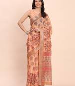 orange color digital print & zari border linen cotton saree