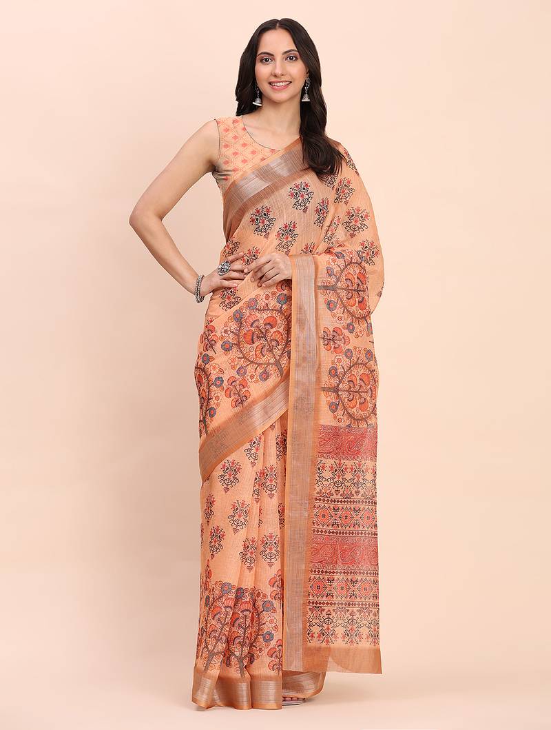 orange color digital print & zari border linen cotton saree