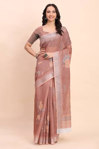 brown color digital print & zari border linen cotton saree