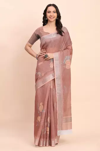 brown color digital print & zari border linen cotton saree
