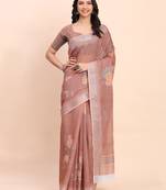 brown color digital print & zari border linen cotton saree