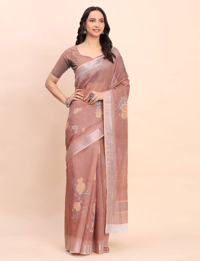 brown color digital print & zari border linen cotton saree