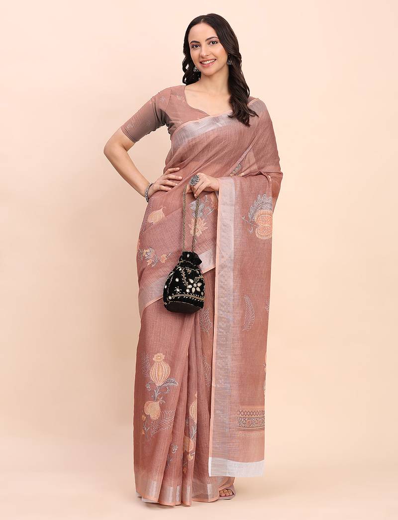 brown color digital print & zari border linen cotton saree