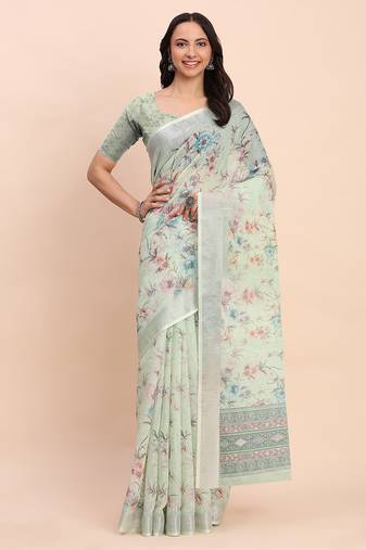light green color digital print & zari border linen cotton saree