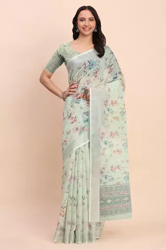 light green color digital print & zari border linen cotton saree