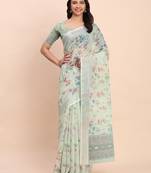 light green color digital print & zari border linen cotton saree