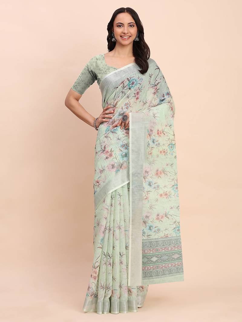 light green color digital print & zari border linen cotton saree