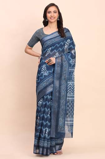 blue color digital print & zari border linen cotton saree
