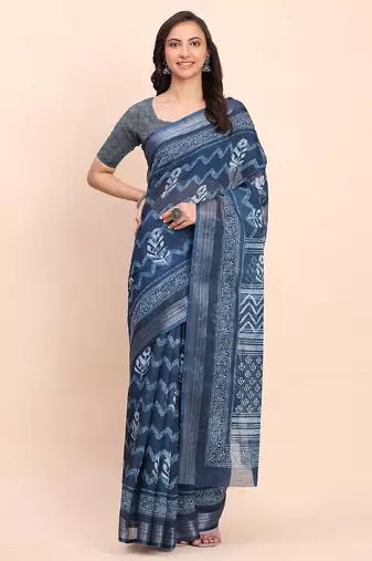 blue color digital print & zari border linen cotton saree