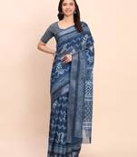 blue color digital print & zari border linen cotton saree