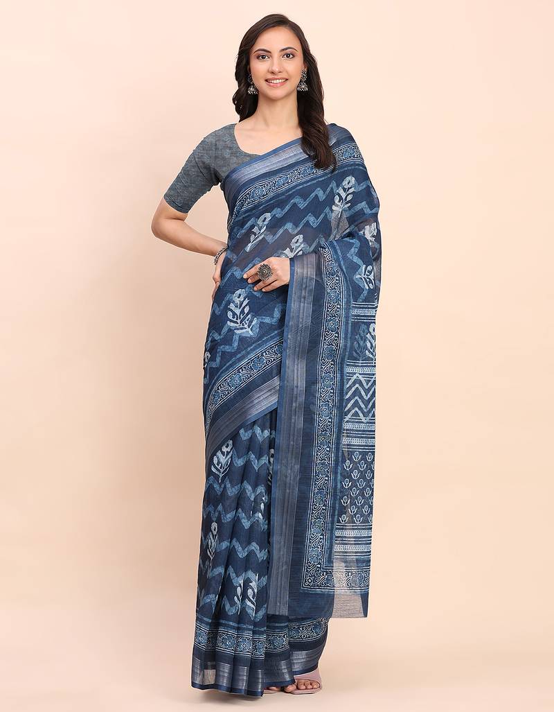 blue color digital print & zari border linen cotton saree