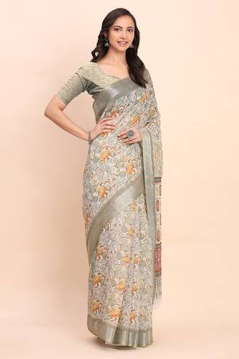 white color digital print & zari border linen cotton saree