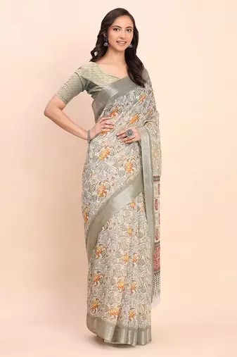 white color digital print & zari border linen cotton saree
