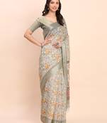 white color digital print & zari border linen cotton saree