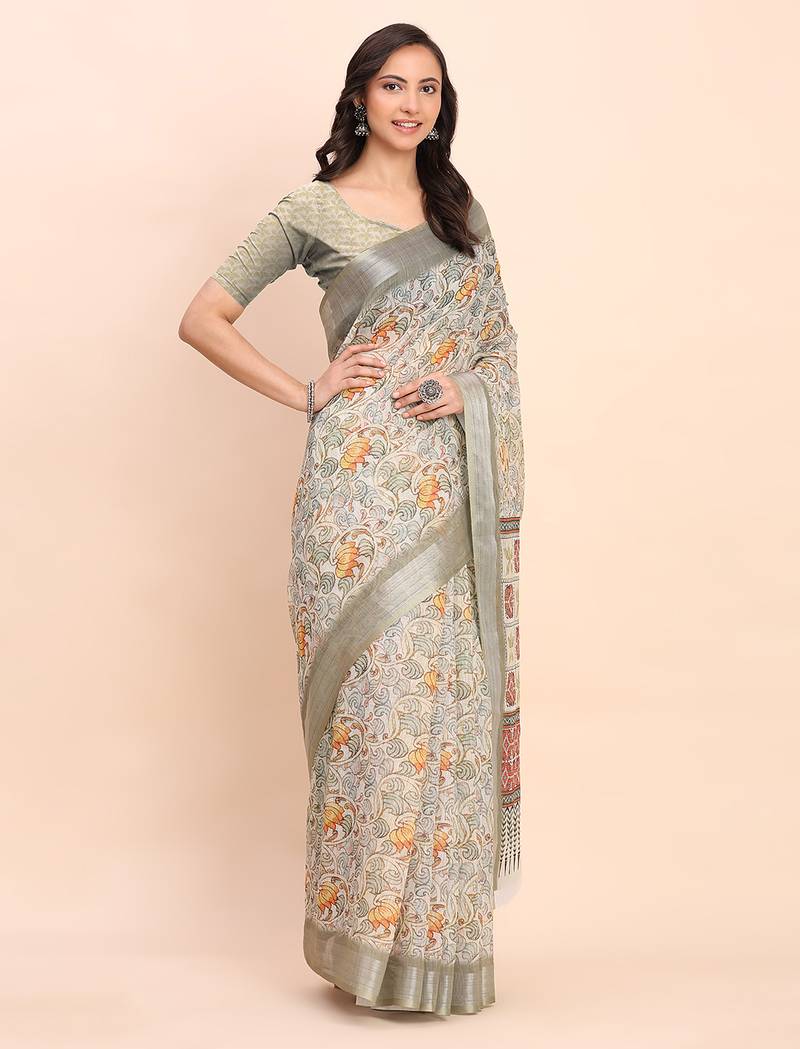 white color digital print & zari border linen cotton saree