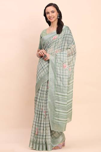 light green color digital print & zari border linen cotton saree