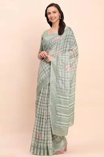 light green color digital print & zari border linen cotton saree