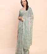 light green color digital print & zari border linen cotton saree