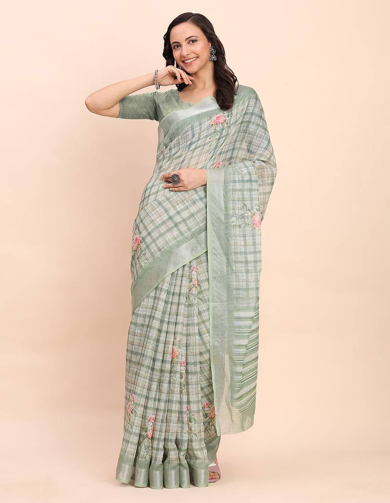 light green color digital print & zari border linen cotton saree