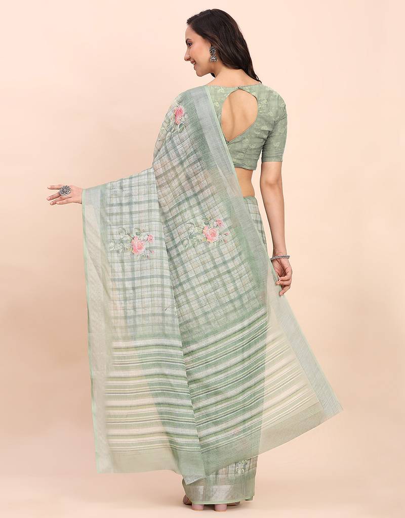 light green color digital print & zari border linen cotton saree