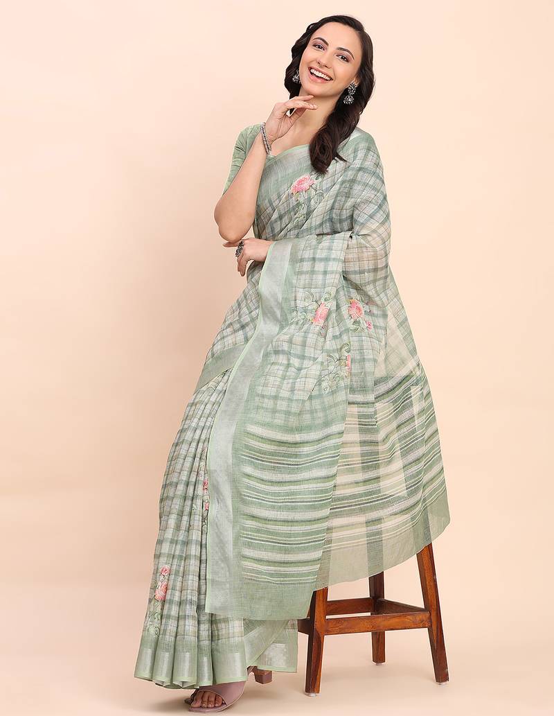 light green color digital print & zari border linen cotton saree