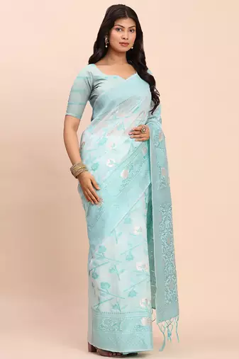 sky blue color linen cotton woven saree with blouse