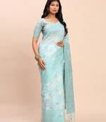 sky blue color linen cotton woven saree with blouse