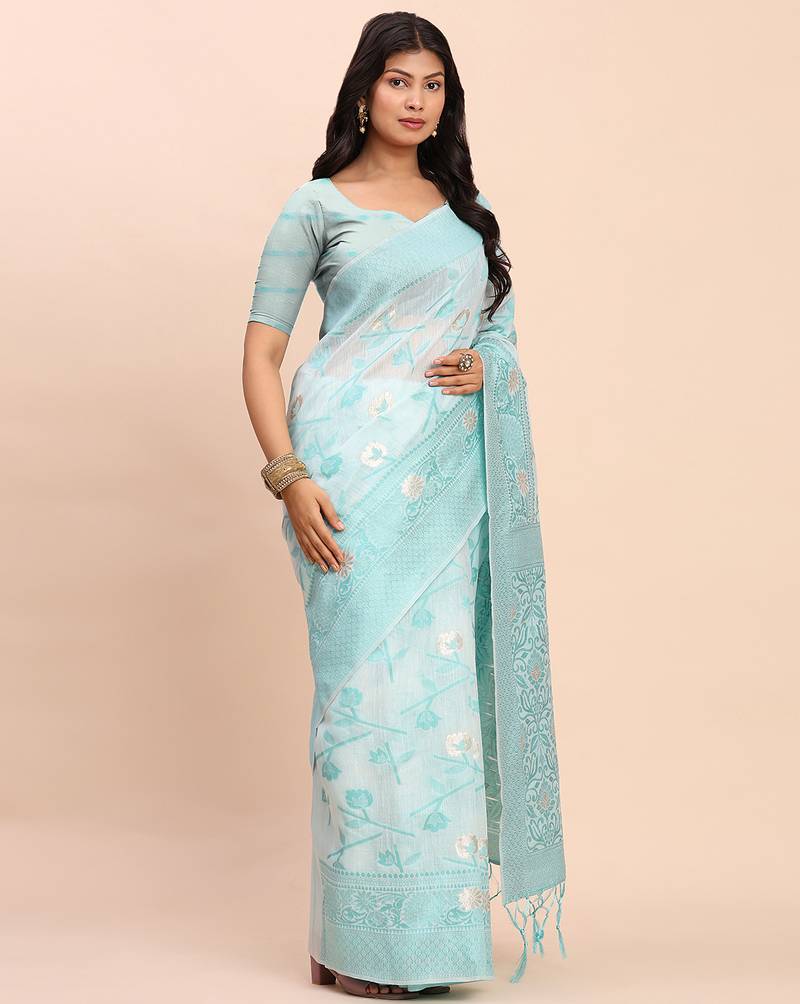 sky blue color linen cotton woven saree with blouse