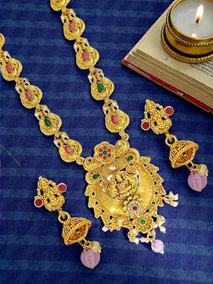 Gold plated temple design long haram jewellery set 1