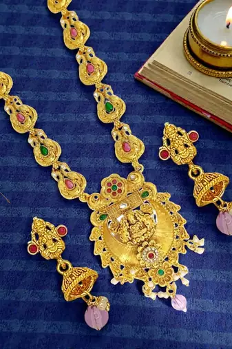 Gold plated temple design long haram jewellery set