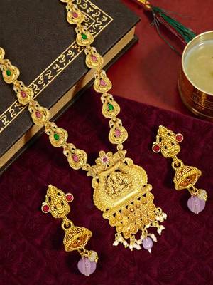 Gold plated temple design long haram jewellery set 1