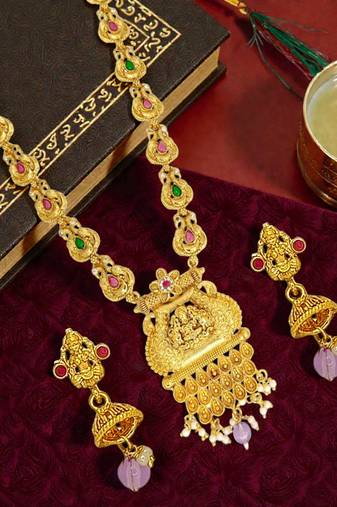 Gold plated temple design long haram jewellery set