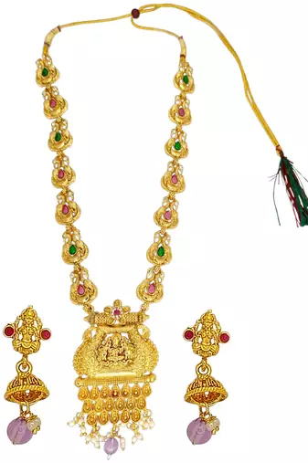 Gold plated temple design long haram jewellery set